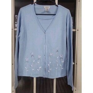 VTG Yarnworks Womens Embroidered Floral Cardigan Sweater Sz L pullover blue
